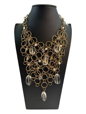 Kara Ross for Doncaster Gold Tone Chain Maille Statement Bib Necklace Clear Drop